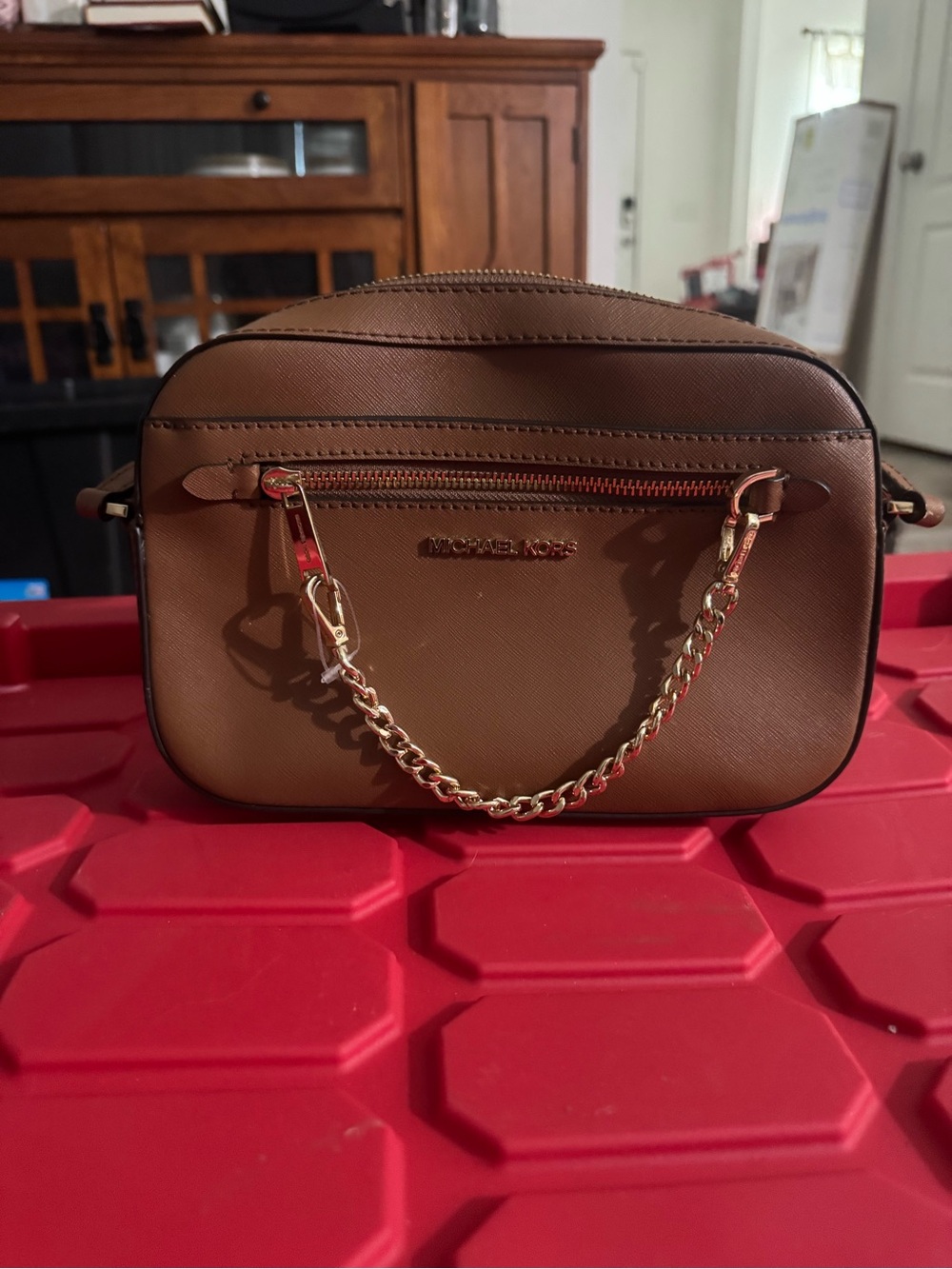 Michael Kors Brown Saffiano Leather Crossbody with Gold Chain Accent - Picture 5 of 8
